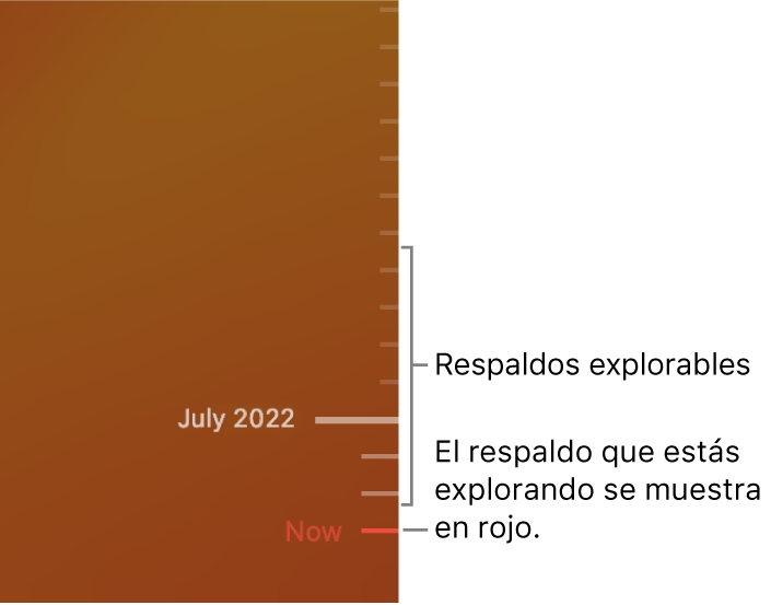 Marcas de verificación en la línea del tiempo de los respaldos. La marca rojo indica el respaldo que estás explorando.