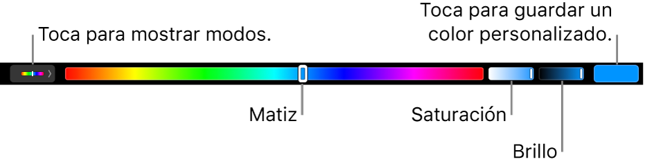 El Touch Bar mostrando los reguladores de matiz, saturación y brillo para el modo HSB. Al extremo izquierdo está el botón para mostrar todos los modos; a la derecha el botón para guardar un color personalizado.