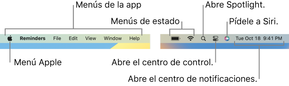 La barra de menús. En la izquierda está el menú Apple y los menús de las apps. A la derecha están los menús de estado, Spotlight, centro de control, Siri y centro de notificaciones.