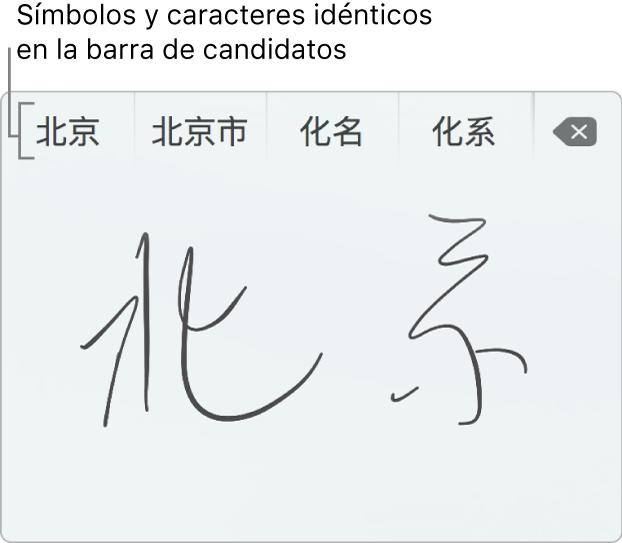La ventana Escritura en trackpad mostrando la palabra Beijing escrita a mano en chino simplificado. Al dibujar trazos en el trackpad, la barra de candidatos (en la parte superior de la ventana Escritura en trackpad) muestra las posibles coincidencias de caracteres y símbolos. Toca un candidato para seleccionarlo.