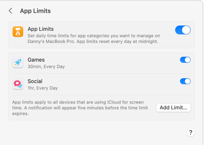 La configuración de Límite para apps de Tiempo en pantalla con la opción de Límite para apps activada. Los límites de tiempo se configuran para dos categorías de apps.