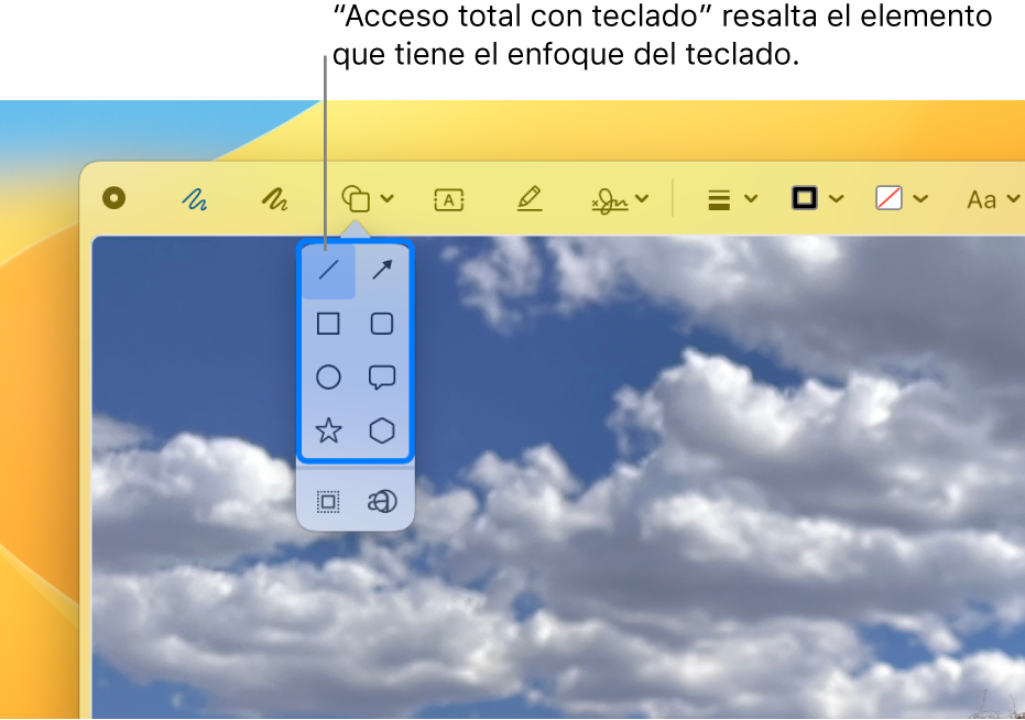 La ventana Vista Previa mostrando la barra de herramientas de Marcado. La herramienta Formas se expande para mostrar las opciones. Acceso total con teclado agrega un contorno a la herramienta enfocada y el grupo que la contiene.