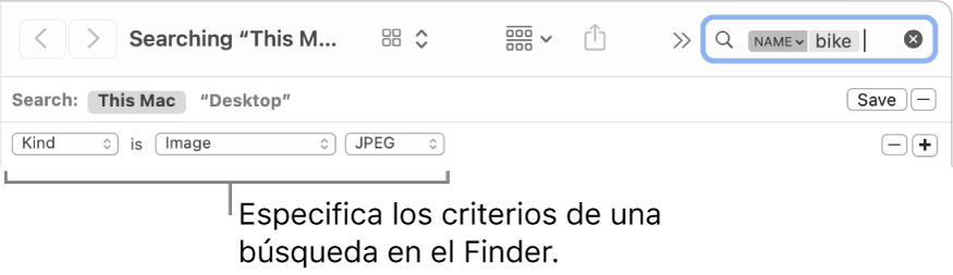Una ventana del Finder con campos para especificar criterios de búsqueda.