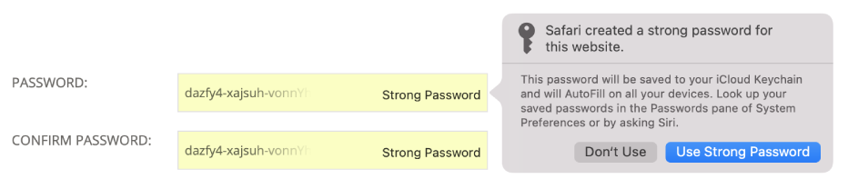 Un cuadro de diálogo que muestra que Safari ha creado una contraseña segura para un sitio web y que indica que se guardará en el llavero de iCloud del usuario y estará disponible para Autorrellenar en los dispositivos del usuario.