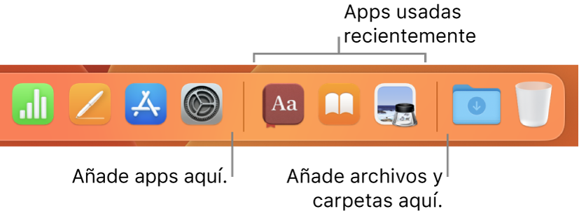 El extremo derecho del Dock mostrando líneas de separación antes y después de la sección de apps usadas recientemente.