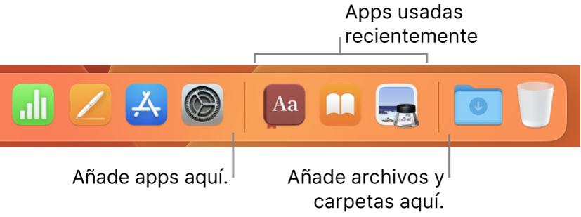 Una parte del Dock que muestra las líneas de separación entre apps, apps usadas recientemente, archivos y carpetas.