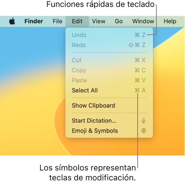 El menú Edición está abierto en el Finder; al lado de los ítems del menú se muestran funciones rápidas de teclado.