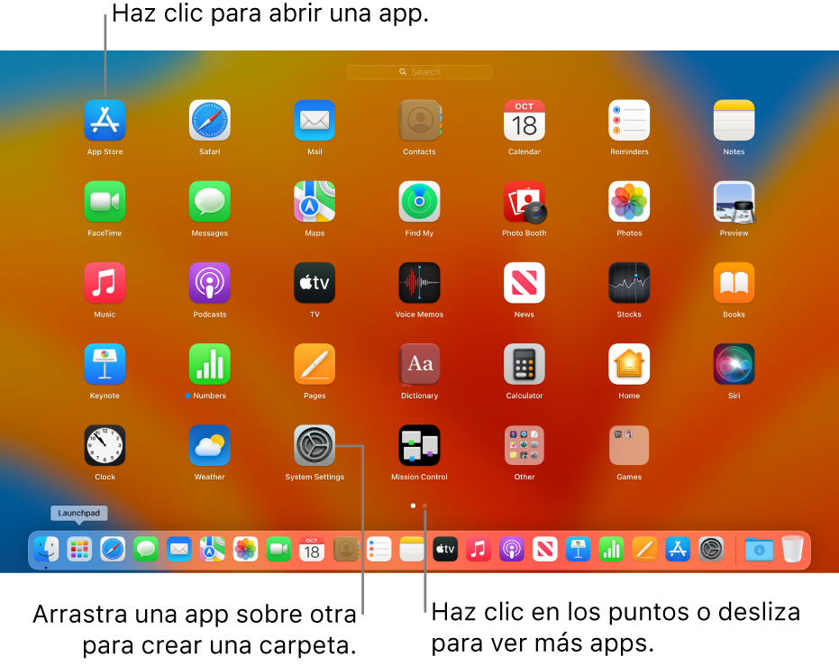 Launchpad mostrando las apps que puedes abrir.