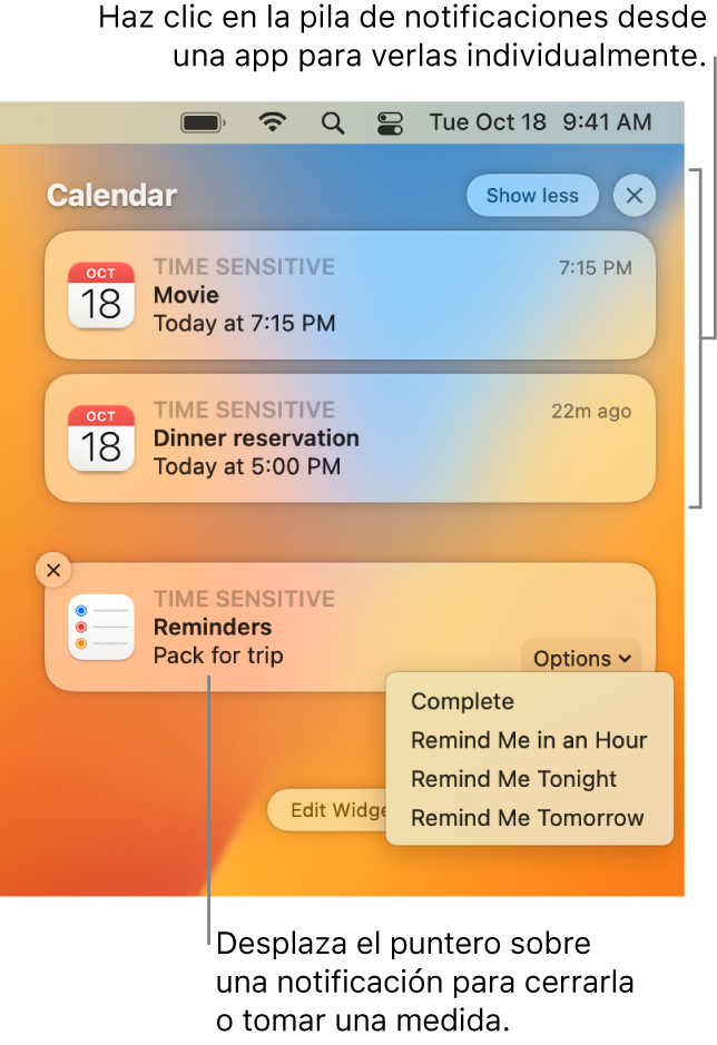 Notificaciones de apps en la esquina superior derecha del escritorio, incluida una pila abierta de dos notificaciones de Recordatorios con un botón “Mostrar menos” para contraer la pila y una notificación de Calendario con un botón Posponer.