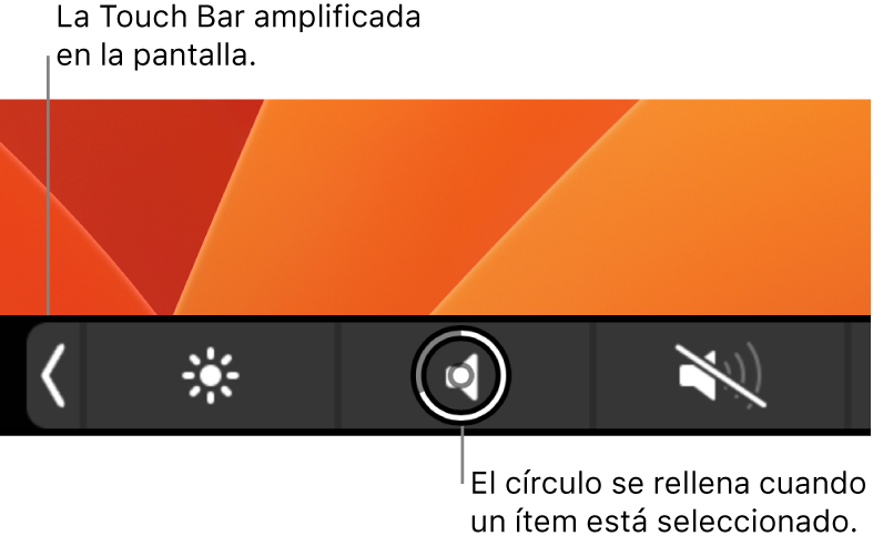 La Touch Bar con aumento de zoom en la parte inferior de la pantalla; el círculo que rodea a un botón se rellena cuando se selecciona el botón.