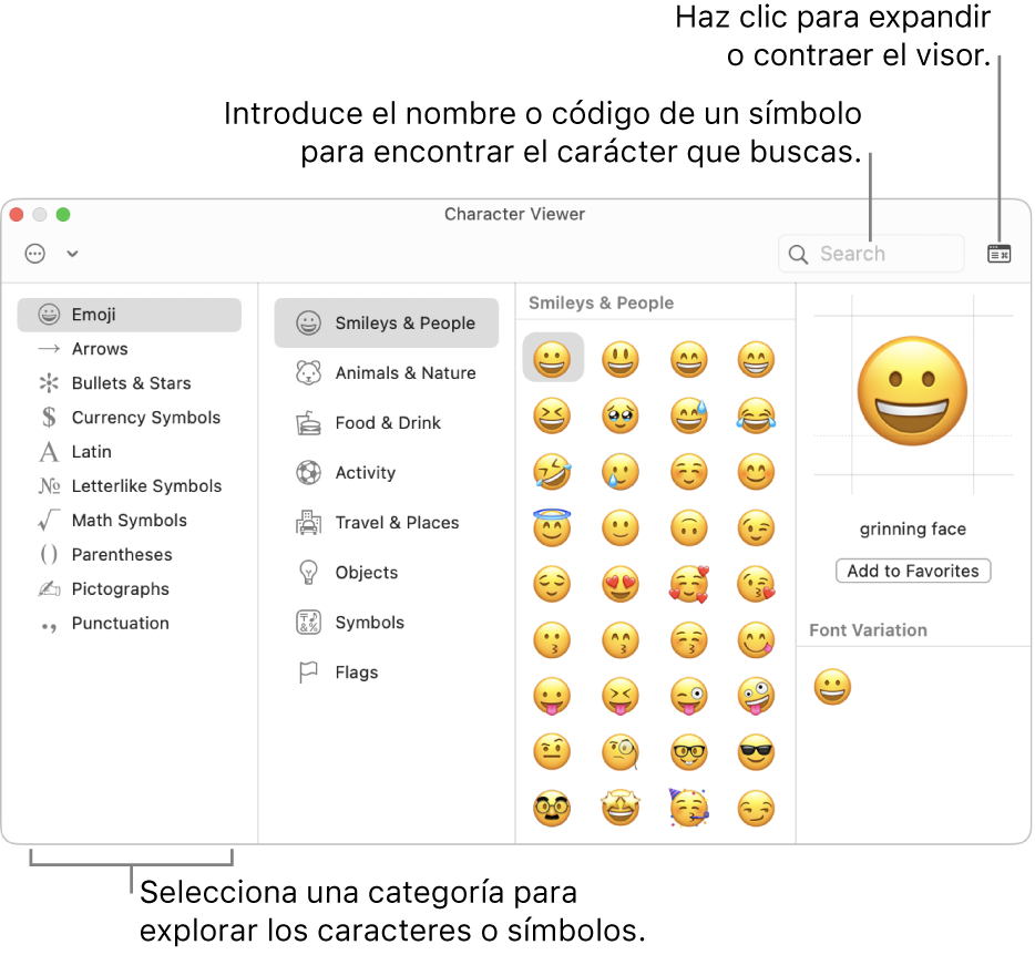 La ventana del visor de caracteres. Selecciona una categoría a la izquierda y explora los caracteres o los símbolos. En el campo de búsqueda, introduce el nombre o el código de un símbolo para encontrar un carácter específico. En la esquina superior derecha, haz clic para expandir o contraer el visor.