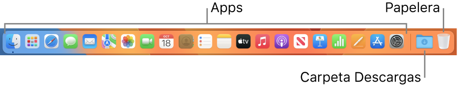 Dock que muestra iconos de apps, la pila Descargas y la Papelera.