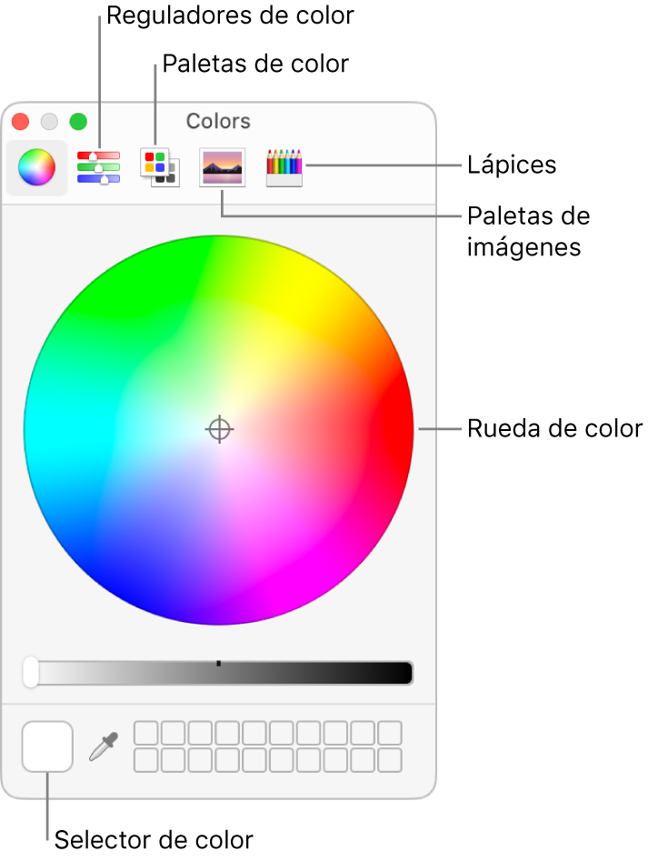 La ventana Colores. La barra de herramientas, que muestra los botones de los reguladores de color, las paletas de color, las paletas de imágenes y los lápices, se encuentra en la parte superior de la ventana. A mitad de ventana se encuentra la rueda de color. La paleta de colores está abajo a la izquierda.