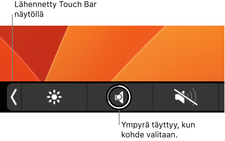 Lähennetty Touch Bar näytön alareunassa. Painikkeen ympärille tulee täysi ympyrä, kun se valitaan.