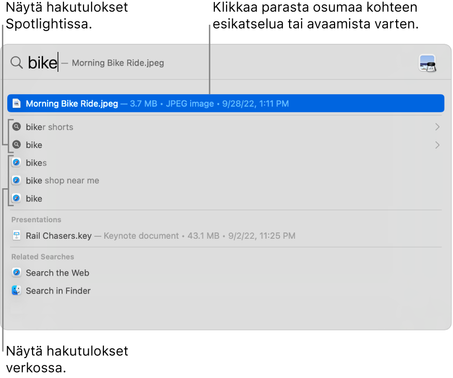 Spotlight-ikkuna, jossa näkyy hakukentässä oleva hakuteksti ikkunan yläosassa, ja tuloksia alla.