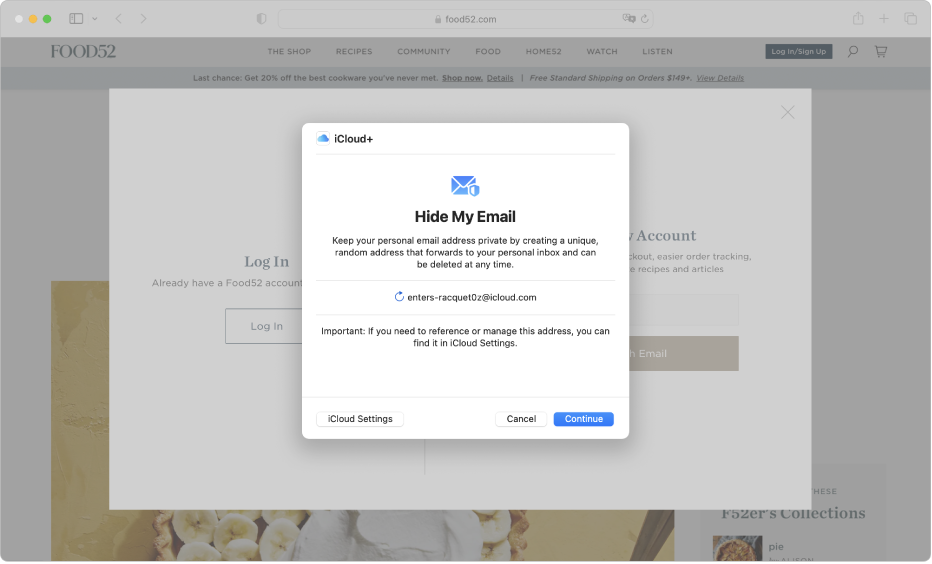 L’app Safari affichant le dialogue Masquer mon adresse courriel d’iCloud+.