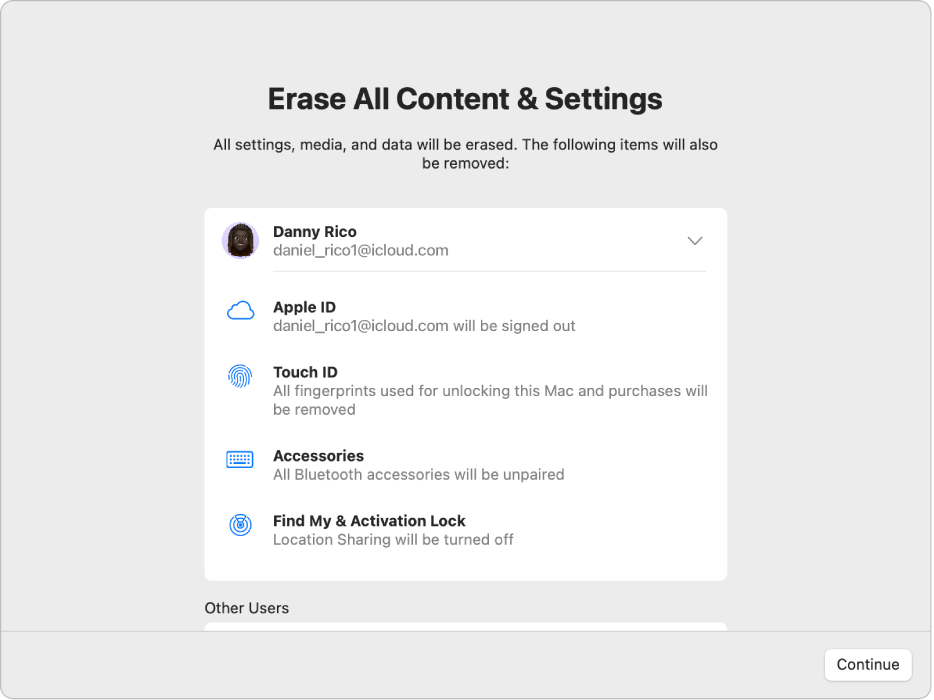 La fenêtre Effacer contenu et réglages d’Assistant d’effacement montrant les éléments supplémentaires qui seront supprimés, y compris toute empreinte digitale utilisée pour déverrouiller le Mac et les achats.
