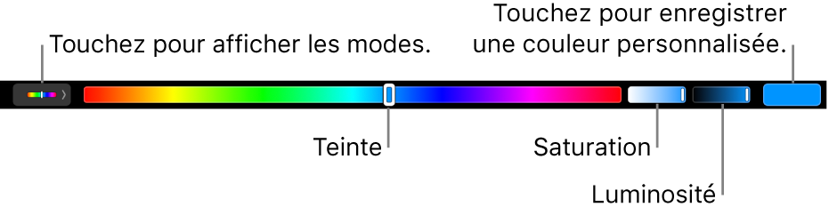 TSL मोड के टिंट, संतृप्ति और चमक को प्रदर्शित करने वाला टच बार। सभी मोड प्रदर्शित करने के लिए बटन बाएं छोर पर है। एक व्यक्तिगत रंग को बचाने के लिए एक दाईं ओर है।