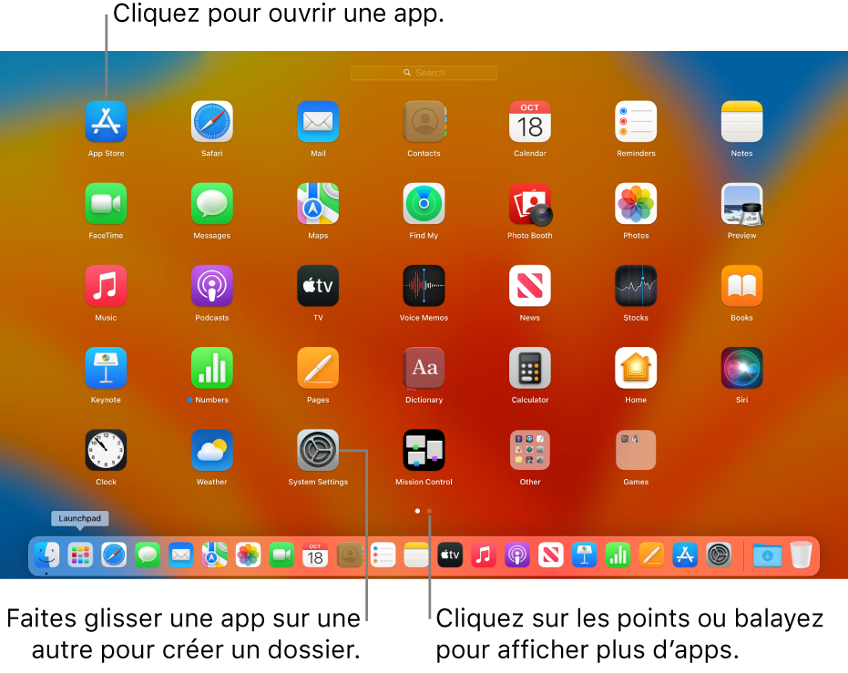 Launchpad affichant des apps que vous pouvez ouvrir.