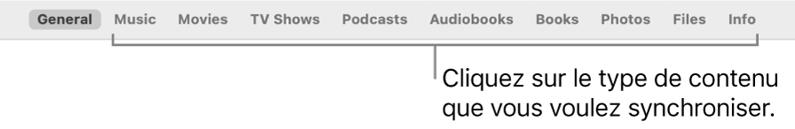 La barre de boutons qui affiche le bouton Général et des boutons pour les types de contenus (musique, films, émissions de télévision, etc.).