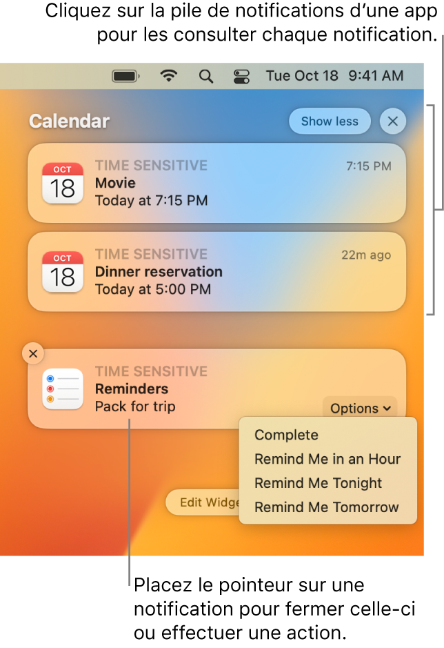 Les notifications d’apps dans le coin supérieur droit du bureau, y compris une pile ouverte contenant deux notifications de Rappels avec un bouton « Moins » pour la condenser et une notification de Calendrier avec un bouton Rappel d’alarme.