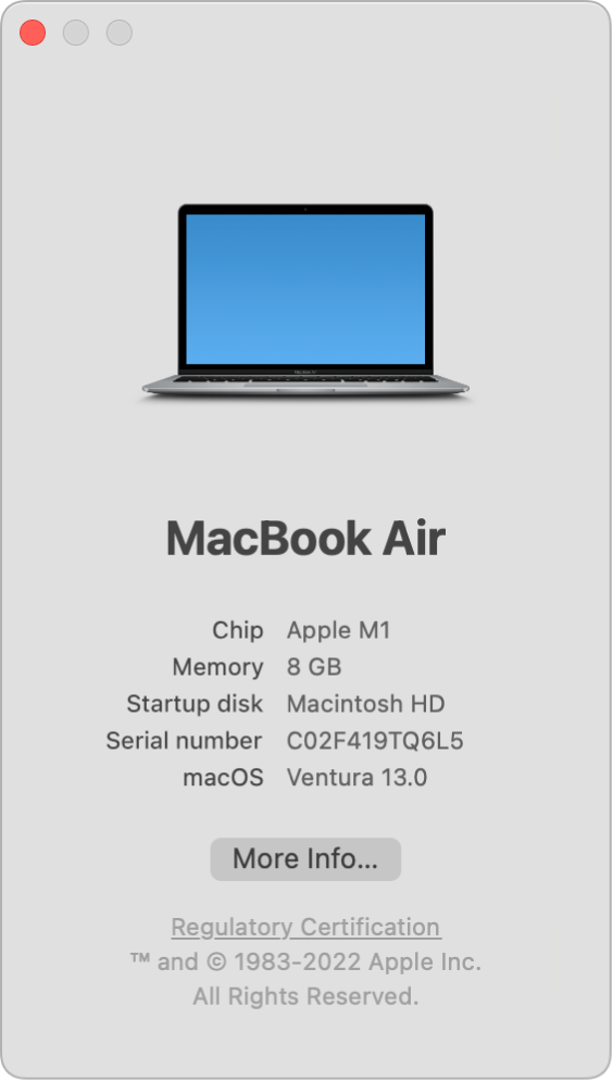 Fenêtre À propos de ce Mac affichant le modèle du Mac, le microprocesseur, la quantité de mémoire, le disque de démarrage, le numéro de série et la version de macOS.