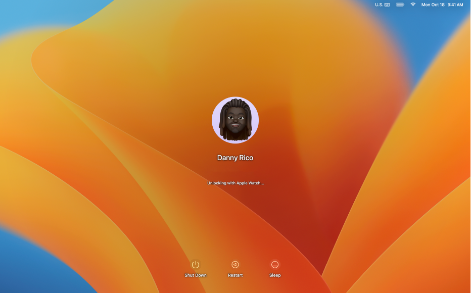 Écran de déverrouillage automatique avec un message en son centre indiquant que le Mac est déverrouillé par l’Apple Watch.