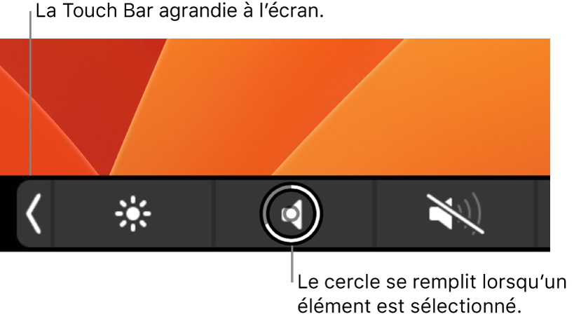 La Touch Bar agrandie en bas de l’écran, le cercle par-dessus un bouton se remplit lorsque le bouton est sélectionné.