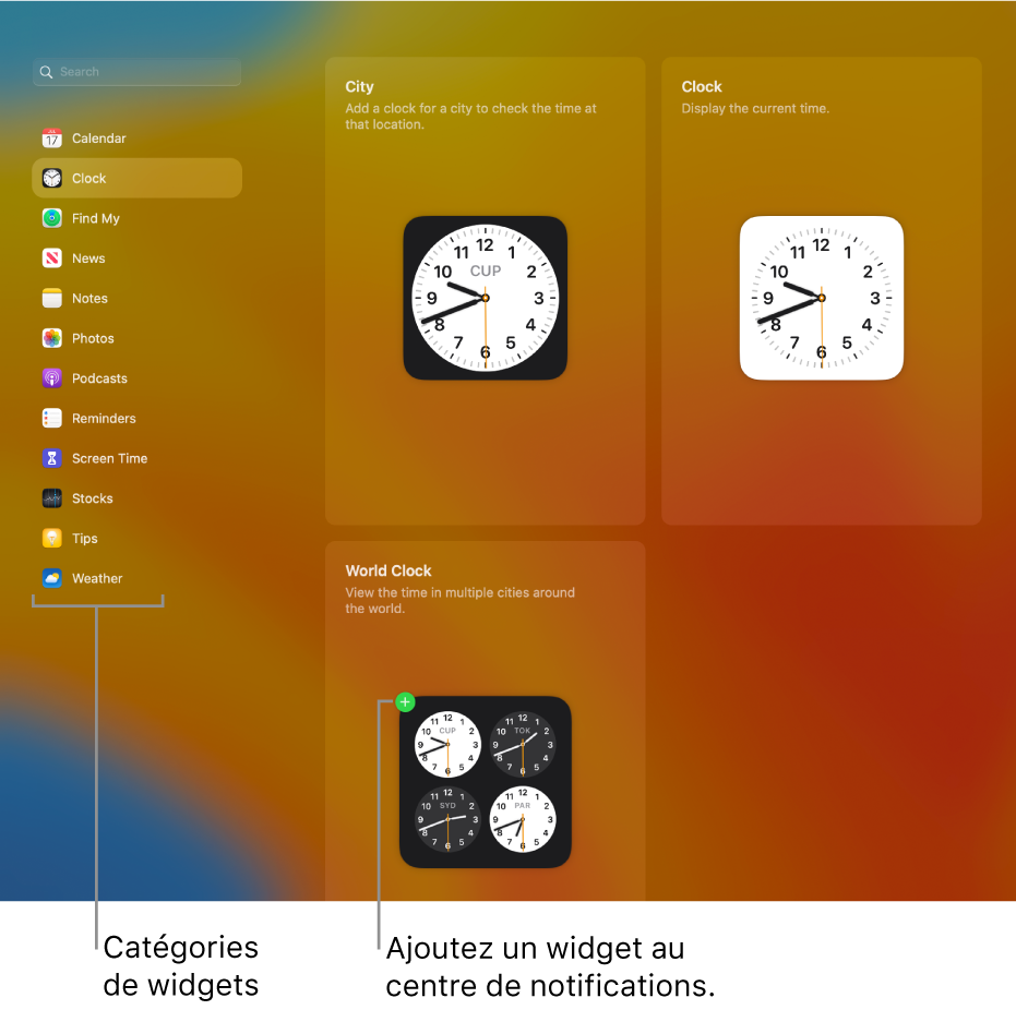 La liste de catégories de widgets, avec la catégorie Horloge sélectionnée. Les widgets Ville, Horloge, et « Horloge mondiale » sont affichés. Un signe plus vert sur lʼHorloge mondiale indique que le widget peut être ajouté au centre de notifications.