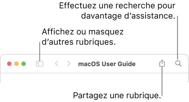 La fenêtre d’aide avec les boutons dans la barre d’outils qui permet de masquer ou d’afficher la table des matières et de partager une rubrique et le champ de recherche qui permet de rechercher des rubriques.