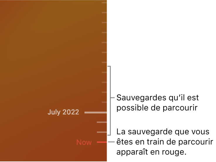 Graduations de la chronologie de sauvegarde. La graduation rouge indique la sauvegarde que vous consultez.