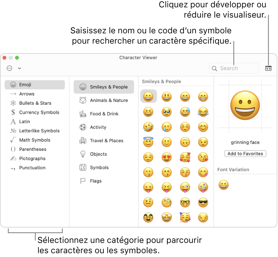 La fenêtre Visualiseur de caractères. Sélectionnez une catégorie à gauche pour parcourir les caractères ou les symboles. Dans le champ de recherche, saisissez un nom ou un code de symbole pour trouver un caractère spécifique. Cliquez dans le coin supérieur droit pour développer ou condenser le visualiseur.