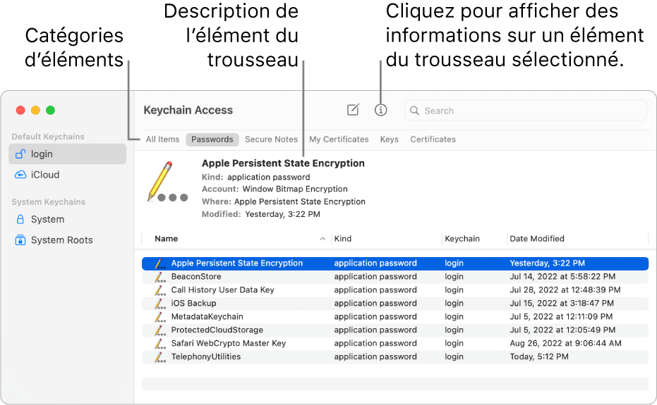 La fenêtre Trousseaux d’accès avec des trousseaux dans la barre latérale. À droite se trouve une description du mot de passe d’un trousseau de session sélectionné.