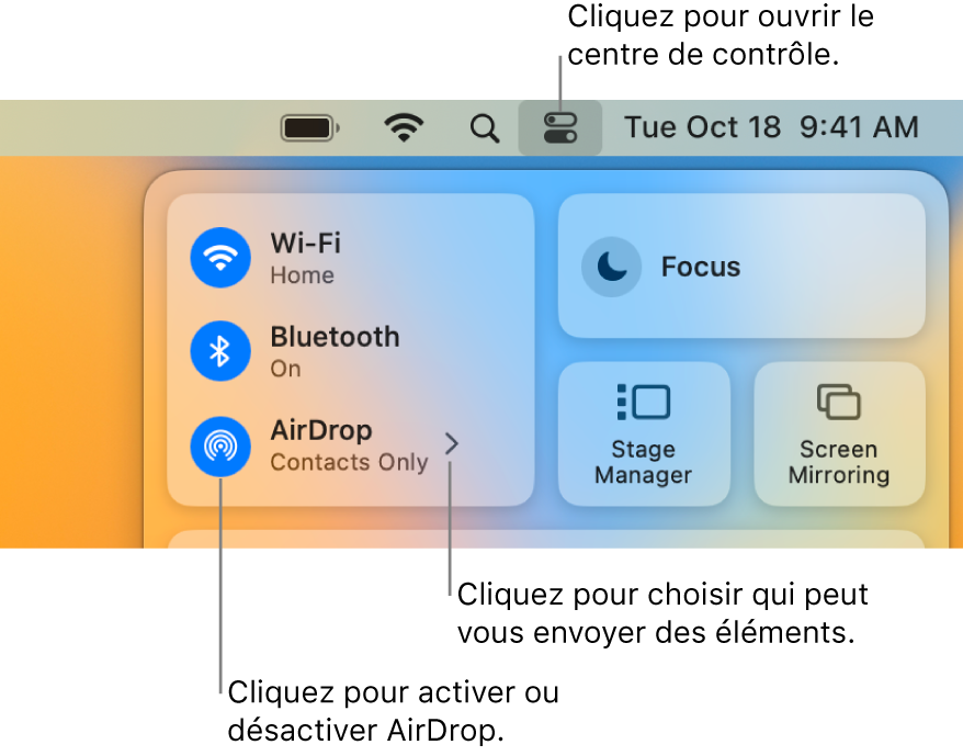 Une fenêtre du Centre de contrôle affichant les commandes qui permettent d’activer ou de désactiver AirDrop, et de choisir les personnes autorisées à vous envoyer des éléments.