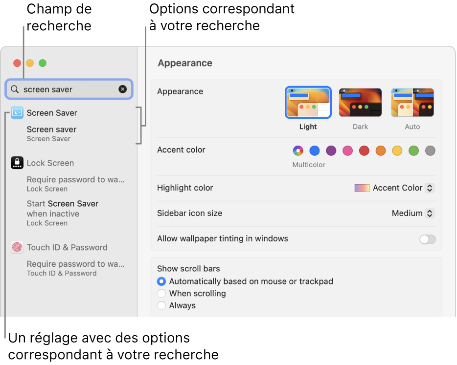 La fenêtre « Réglages Système » affichant « économiseur d’écran » dans le champ de recherche et une liste de résultats de recherche correspondants sous le champ de recherche.