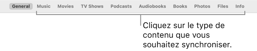 La barre des boutons affichant le bouton Général et les boutons de contenus comme la musique, les films, les séries TV et bien plus encore.