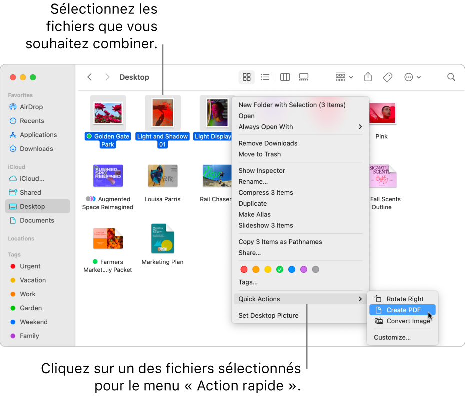 Une fenêtre du Finder contenant des fichiers et des dossiers ; trois fichiers sont sélectionnés et l’option « Créer un PDF » est surlignée dans le menu « Actions rapides ».