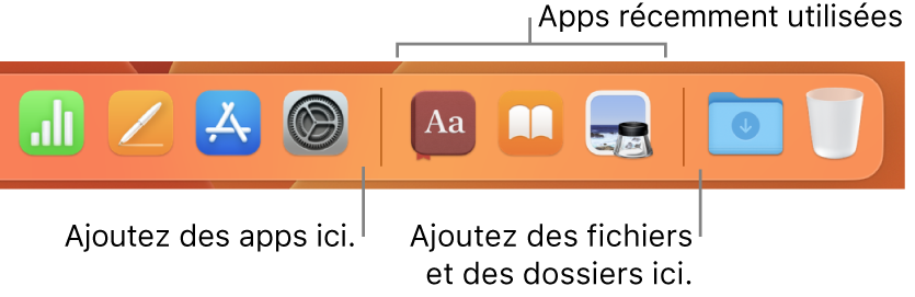 Une partie du Dock affichant les lignes séparant les apps, les apps récemment utilisées, et les fichiers et dossiers.