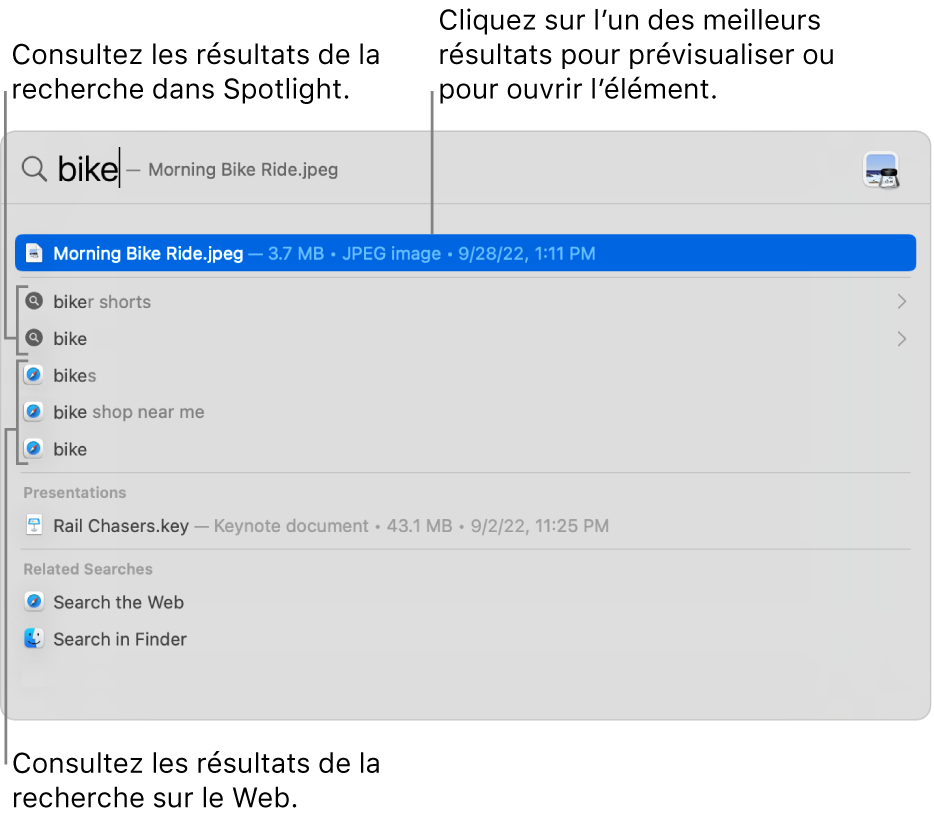 Fenêtre de Spotlight affichant une recherche dans le champ de recherche en haut de la fenêtre et les résultats en dessous.