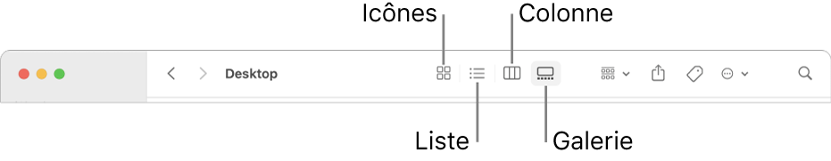 La partie supérieure d’une fenêtre du Finder, avec les boutons d’options de présentation pour un dossier.