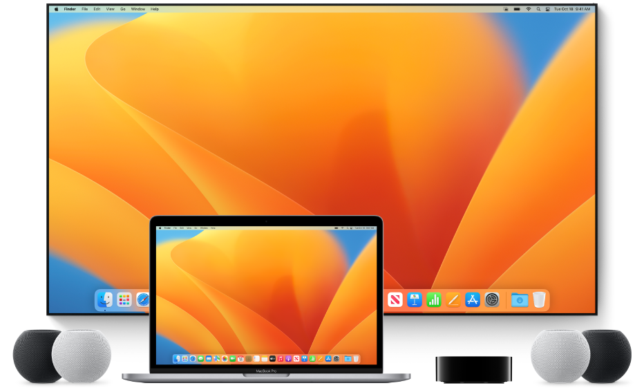 Un ordinateur Mac et les autres appareils auxquels il peut diffuser du contenu via AirPlay, par exemple, une Apple TV, deux haut-parleurs HomePod mini et un téléviseur intelligent.