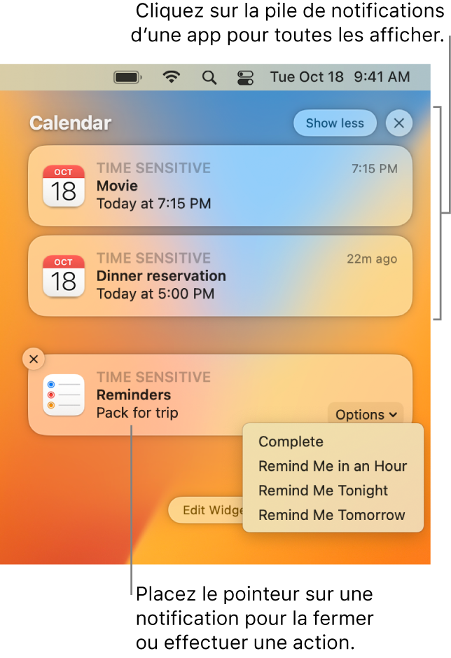 Des notifications d’app dans le coin supérieur droit du bureau, avec une pile ouverte contenant deux notifications de l’app Rappels et un bouton « En afficher moins » pour réduire la pile, ainsi qu’une notification de l’app Calendrier accompagnée d’un bouton Rappel.