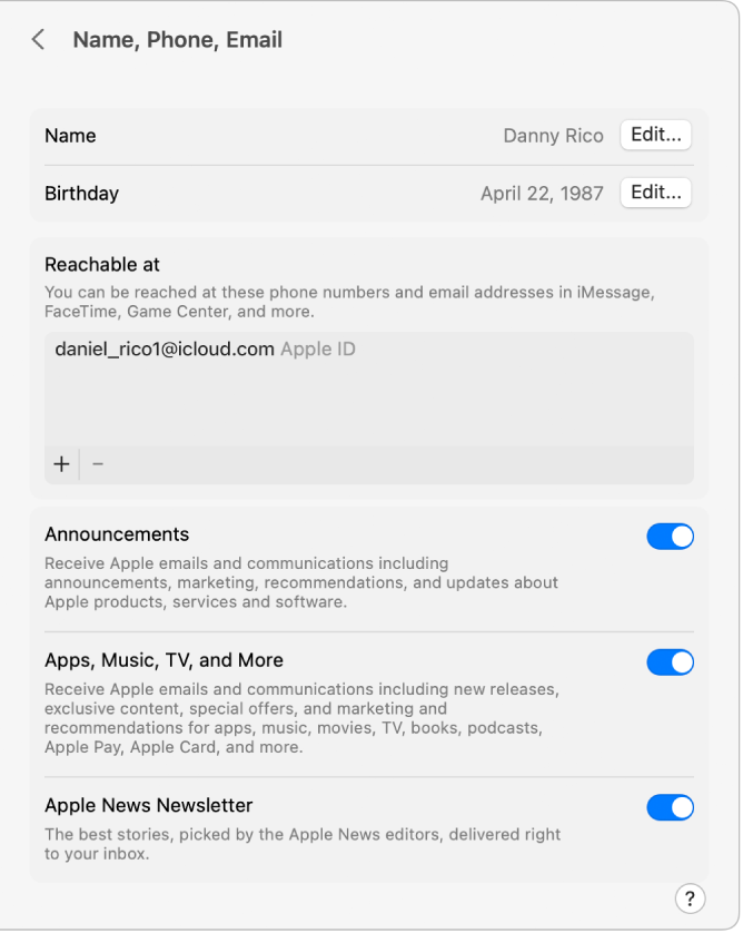 חלון של הגדרות Apple ID המציג את הגדרות ״שם, טלפון, דוא״ל״ של חשבון קיים.