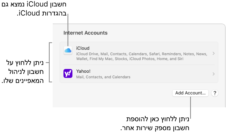 הגדרות ״חשבונות אינטרנט״ שבה רשימה שמציגה את החשבונות שמוגדרים ב‑Mac.