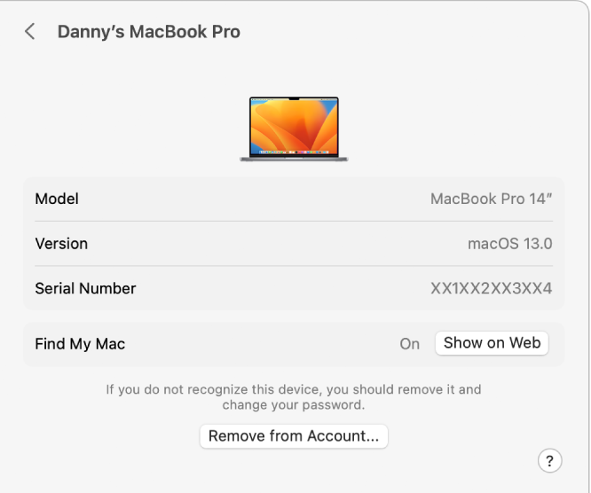 חלון של הגדרות Apple ID המציג את הפרטים של מכשיר מהימן עבור חשבון קיים.