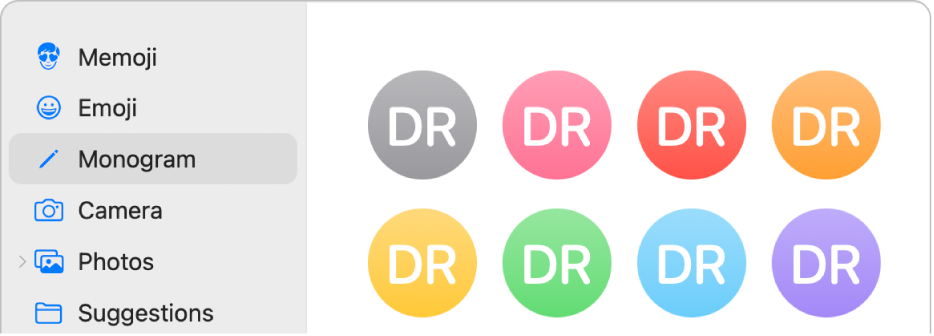 תיבת הדו‑שיח של תמונת Apple ID עם האפשרות ״מונוגרמה״ נבחרת בסרגל הצד וכמה מונוגרמות מוצגות משמאל.