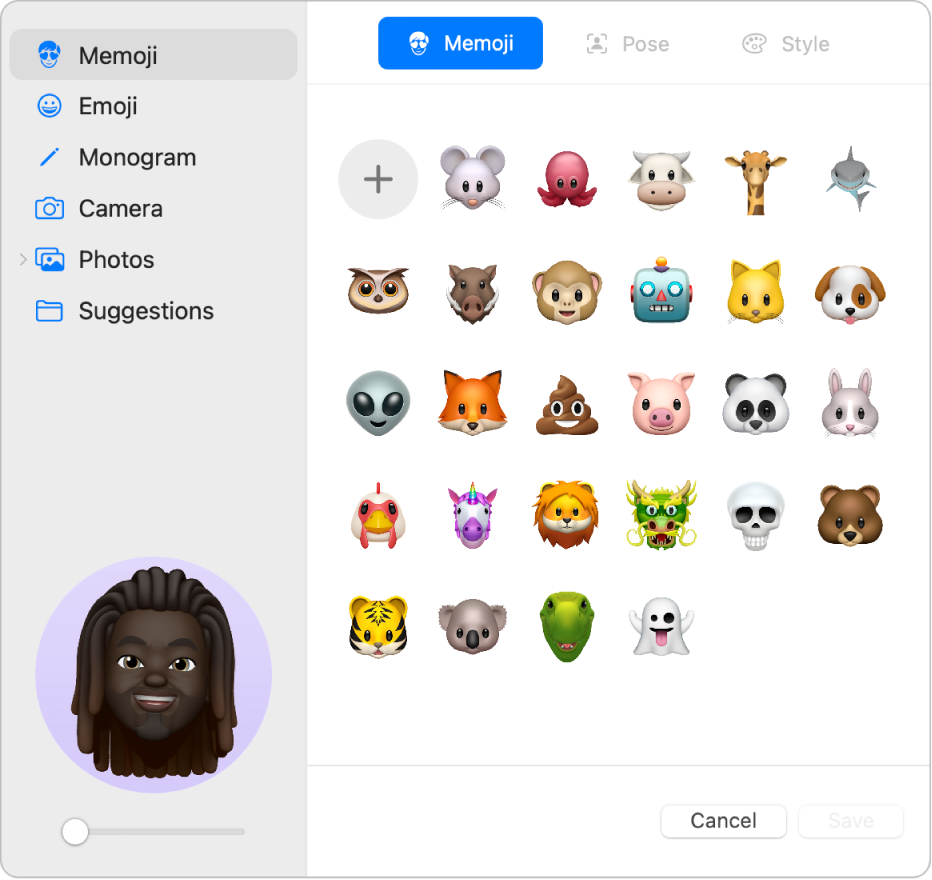 Apple ID तस्वीर डायलॉग। Memoji, मोनोग्राम, तस्वीरें आदि सहित साइडबार में तस्वीर विकल्पों की सूची। Memoji को चुना गया है और दाईं ओर Memoji की ग्रिड दिखाई गई है।