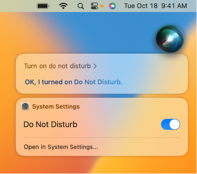 कार्य पूरा करने के लिए अनुरोध दिखाती Siri विंडो “Turn on do not disturb.”