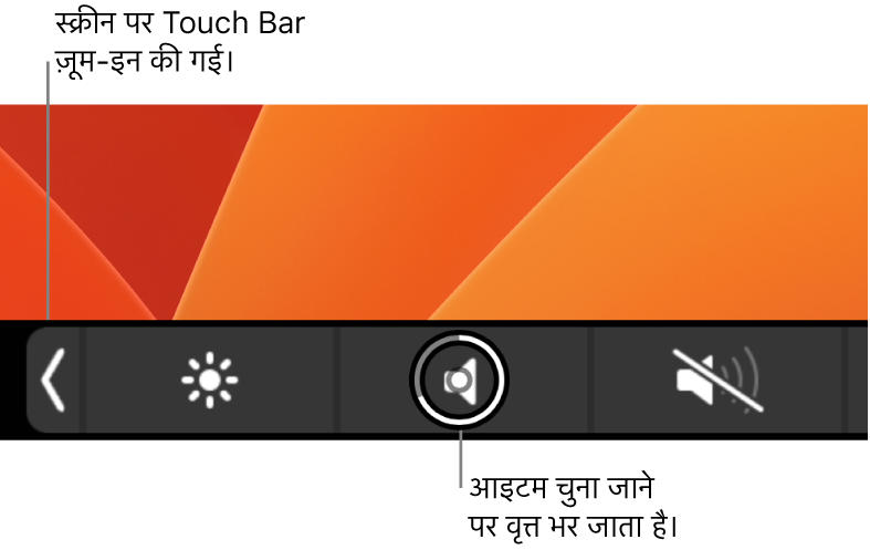 स्क्रीन के बटन के साथ ज़ूम इन Touch Bar; बटन के ऊपर का वृत्त बटन चुनने पर भर जाता है।