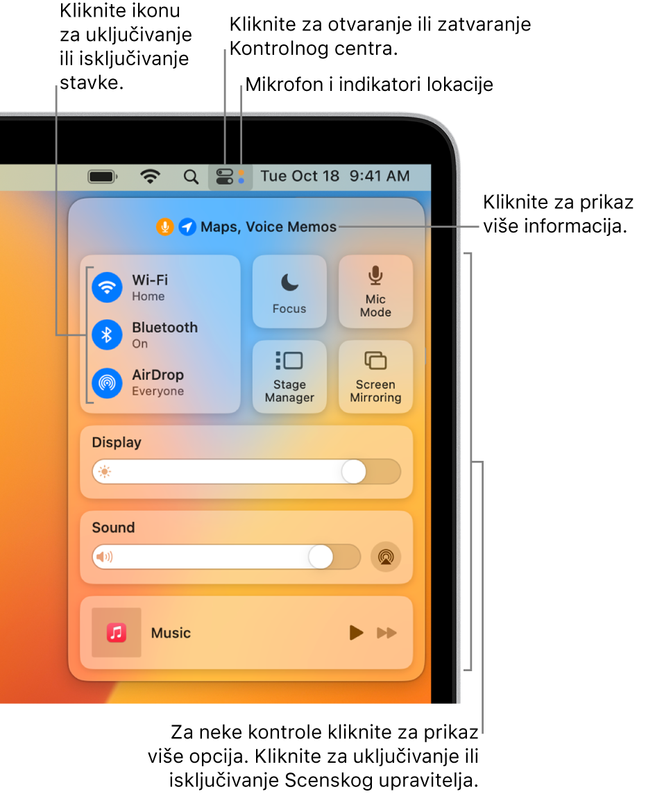 Kontrolni centar u gornjem desnom dijelu zaslona s prikazom kontrola za opcije Wi-Fi, Fokus, Zvuk i Izvodi se, između ostalih.